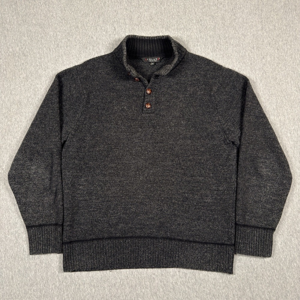Iceland Wool Sweater Henley Mens Medium Gray Button Pullover Shirt Made in Italy
